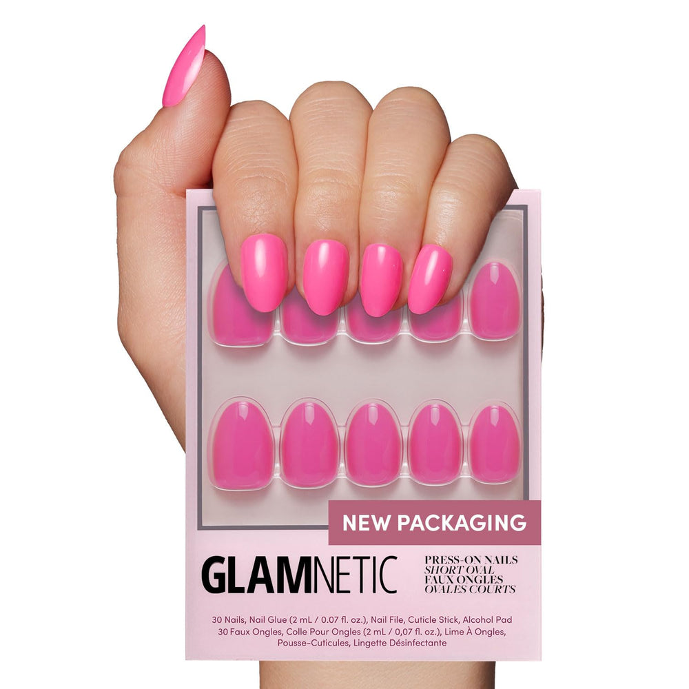 Glamnetic onglets autocollants rose fluo court-oval, pose rapide et look vibrant.