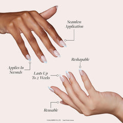 Glamnetic short almond nails with blue-white French tips.