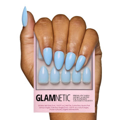 Glamnetic Soft Blue nails with glossy finish for a quick polished look