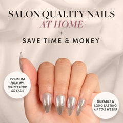 Glamnetic Stardust nails on hand reveal natural semi-transparent almond shape.