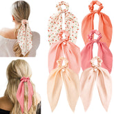 Glaudmeiss chouchou en soie avec nœud cerise rose long ensemble pour un look chic