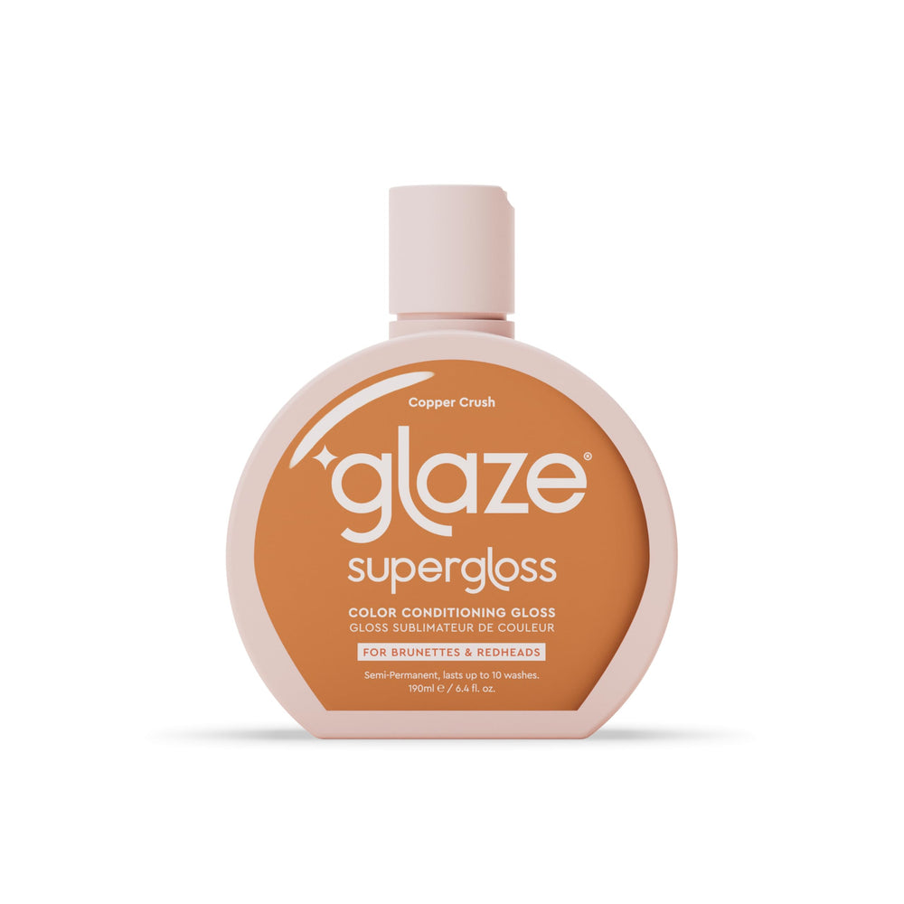 Glaze Supergloss – bouteille avec pompe, texture nourrissante et couleur cuivre.