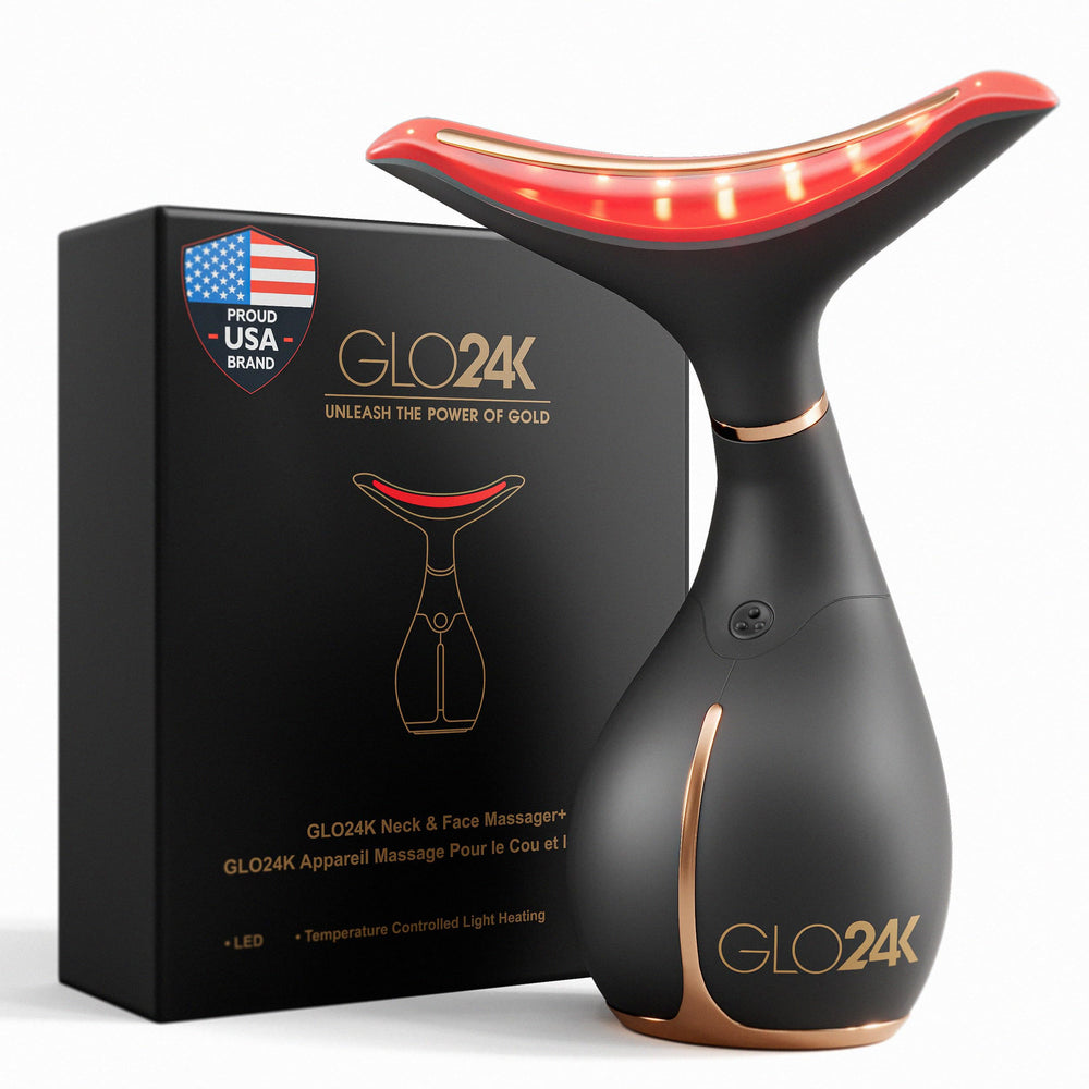 GLO24K avec lumière rouge sur le visage et le cou pour revitalisation discrète.