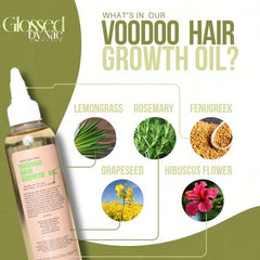 Glossed by Nae Voodoo Hair Growth Oil, ingrédients naturels en évidence sur l'étiquette.