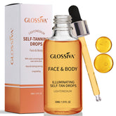Glossiva Gouttes Auto-Bronzantes – Bouteille en verre avec pipette, dosage précis pour application douce.