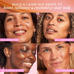 Hue Drops points-hauts-visage: highlight ciblé sur les pommettes pour brillance subtile.