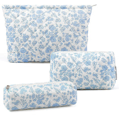 Gocvo trousse de maquillage ensemble 3 pièces bleu à fleurs, rangement gain de place.