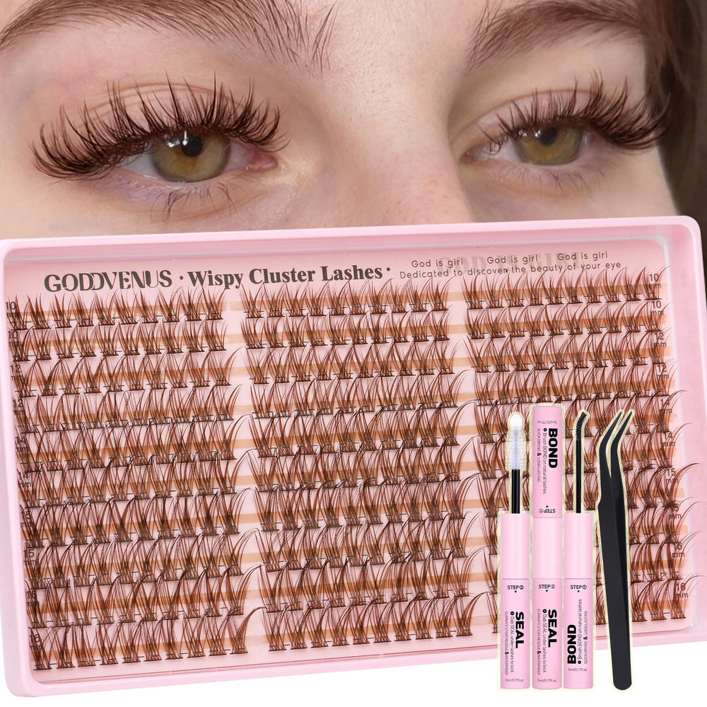 Goddvenus kit cils clusters brun clair 300 pièces pour un look naturel et durable.