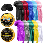 Goiple durag soyeux montrant une coiffure 360 ondes pour un maintien confortable.