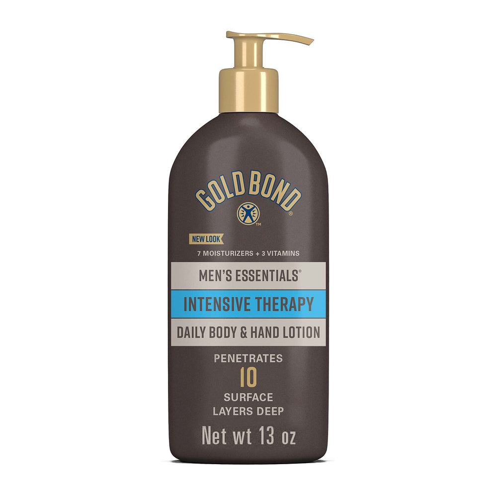 Gold Bond Lotion Essentiels pour Hommes, bouteille 13 oz prête à hydrater la peau.