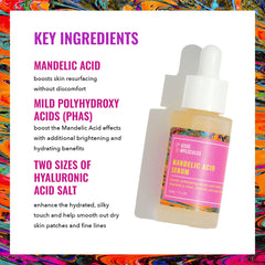 Good Molecules Sérum acide mandélique - étiquette lumineuse et ingrédients doux