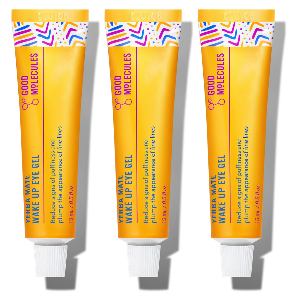 Good Molecules Yerba Mate Wake Up Eye Gel bottle close-up shows refreshing caffeine impact