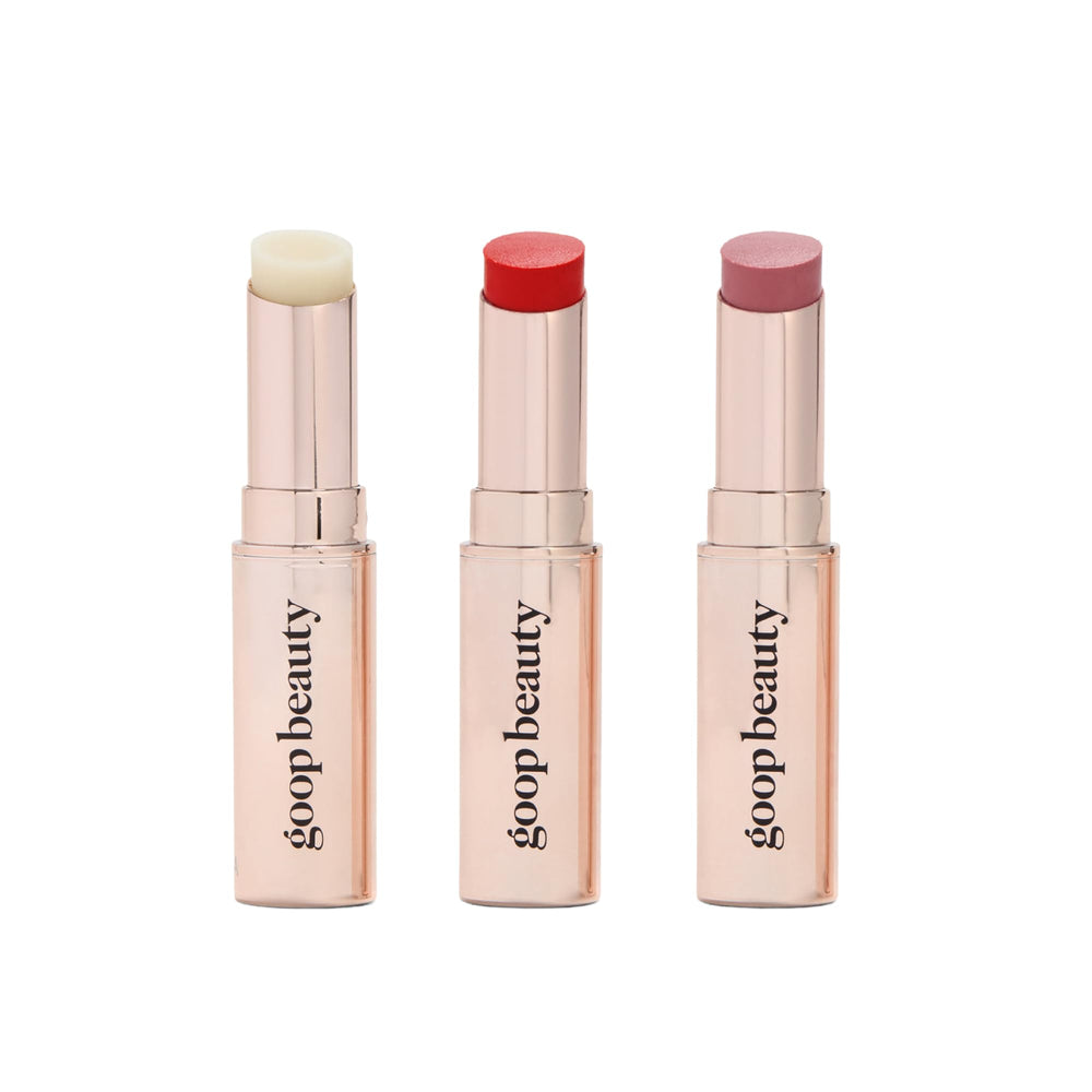goop Beauté Baume Lèvres Trio clair présenté dans une boîte chic, hydratation durable.