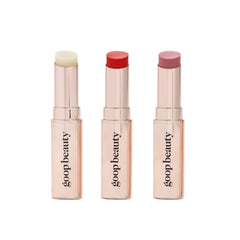 goop Beauté Baume Lèvres Trio clair présenté dans une boîte chic, hydratation durable.