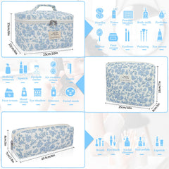 Trousse maquillage grand format Gosect avec motif floral bleu, idéale pour voyager
