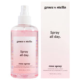 Grace & Stella eau-rose-visage-bouteille-spray : brume rafraîchissante pour hydrater le teint.