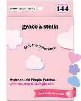 Grace & Stella patch hydrocolloïde en forme de cœur rose appliqué sur bouton pour protection ciblée