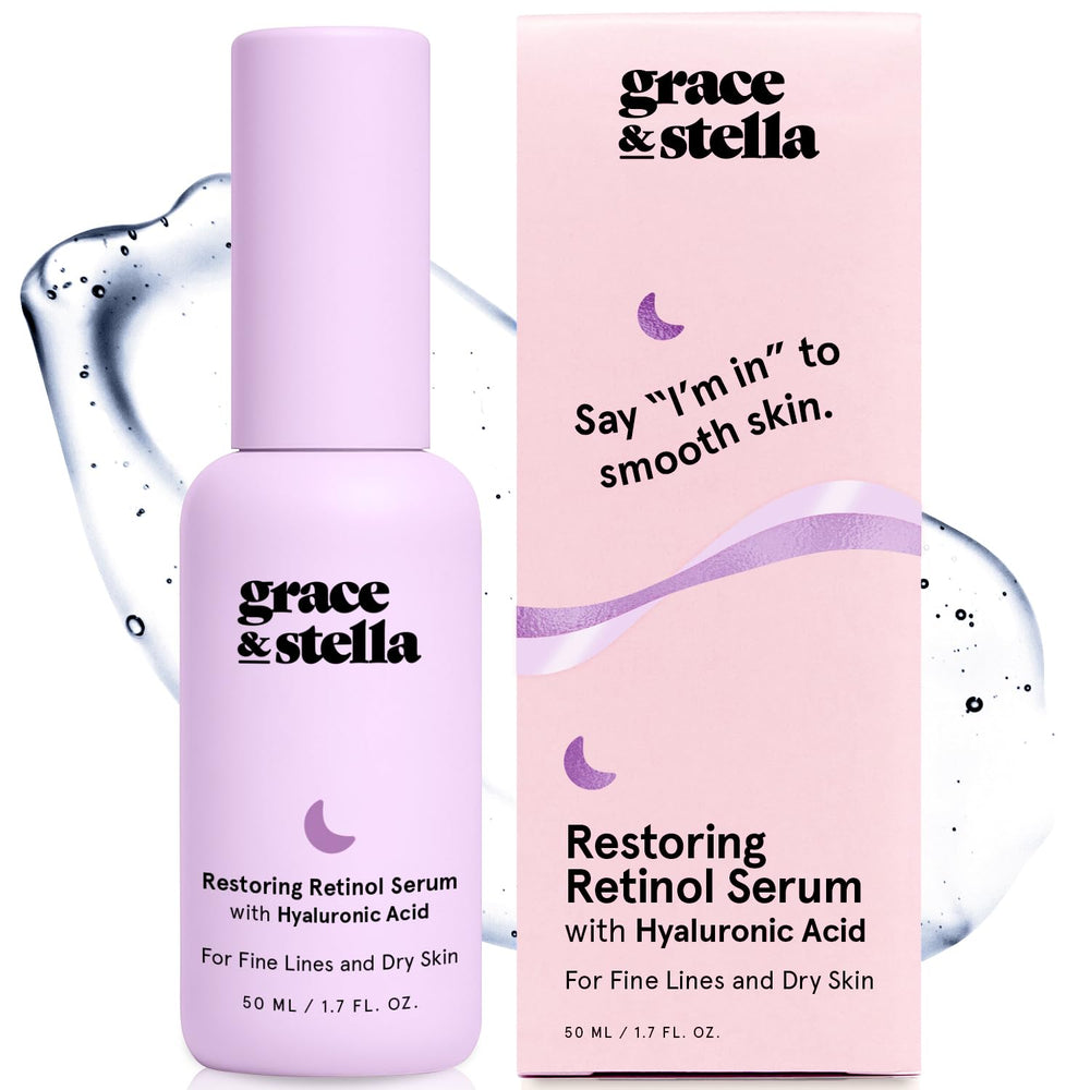 Grace & Stella sérum visage avec rétinol et acide hyaluronique dans une bouteille de 50 ml, hydratation durable.