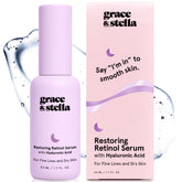 Grace & Stella sérum visage avec rétinol et acide hyaluronique dans une bouteille de 50 ml, hydratation durable.