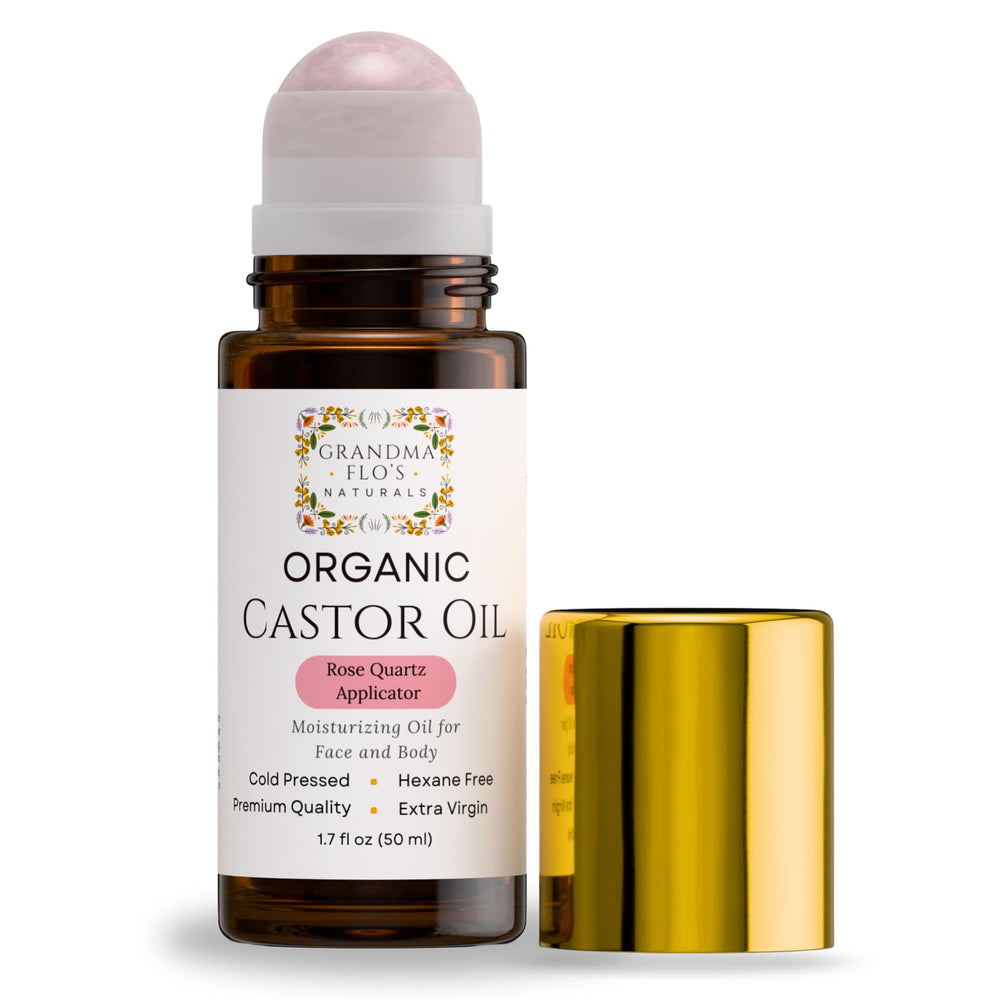 Huile de ricin biologique Grandma Flo's Naturals avec bille-roulante ambrée, soin hydratant du visage.