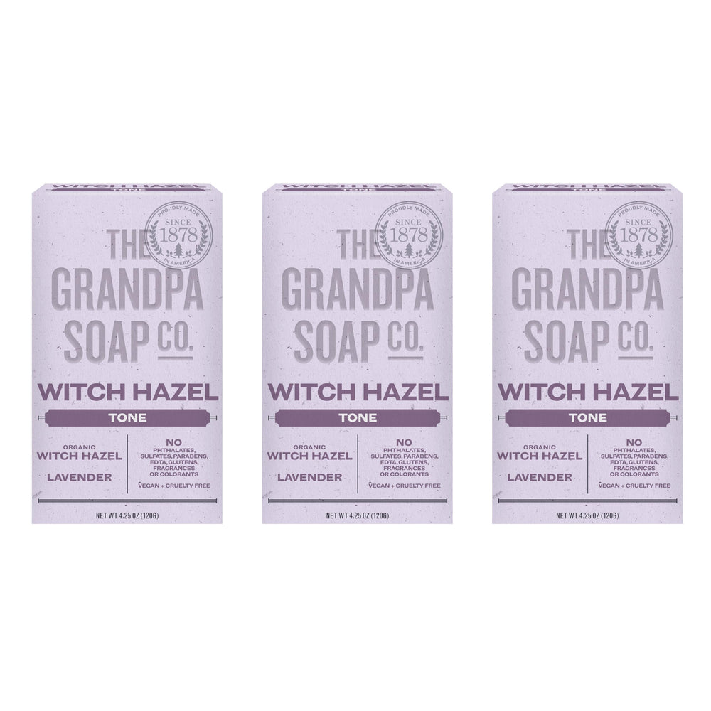 Savon en barre Grandpa Soap Company hamamélis et lavande, nettoie en douceur et tonifie.