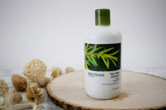 Close-up of GREAT CLIPS Tea Tree Shampoo label showing tea tree and peppermint oils