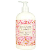 Lotion Greenwich Bay en bouteille karité, rose et jasmin pour nourrir la peau.