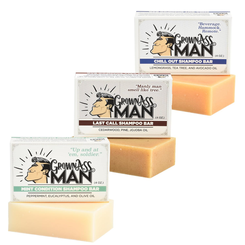 Barre shampooing solide Grown Ass Man Co. vue extérieure, durable et compacte.