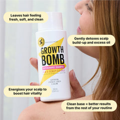 Growth Bomb Supercharge Shampoo, detox cuir chevelu avec arbre-a-the pour fraîcheur.