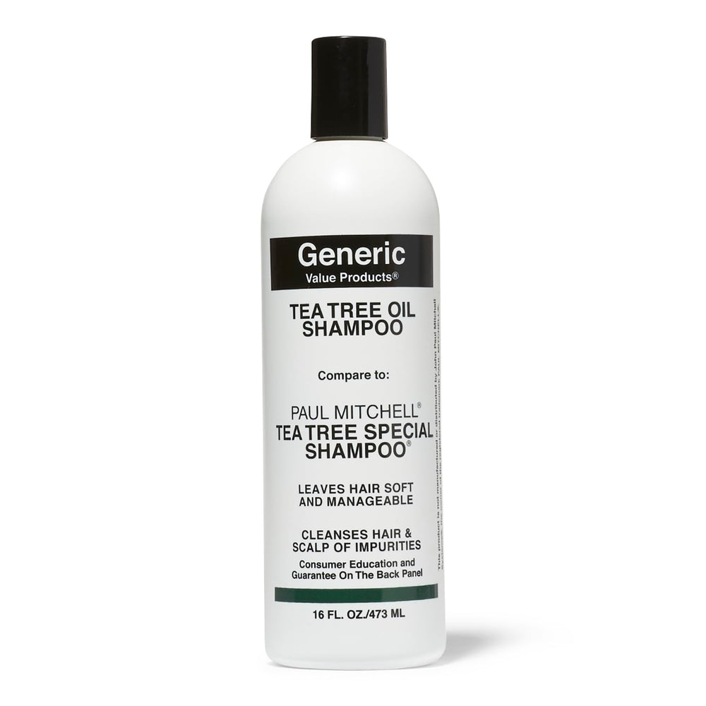 Shampoing GVP à huile d’arbre à thé en bouteille, parfum frais et revitalisant pour les cheveux.