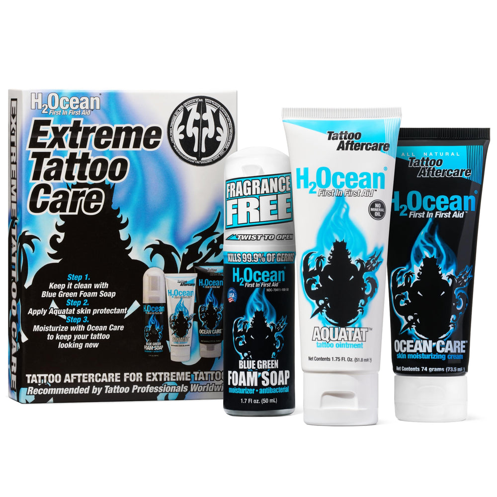 Mousse antibactérienne H2Ocean Extreme nettoyant le tatouage en douceur.