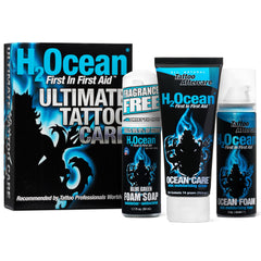 H2Ocean savon bleu-vert: nettoyage en douceur avant tatouage, peau prête.