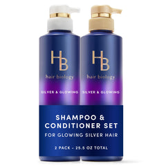 Hair Biology shampoo violet : application douce pour neutraliser le jaunâtre et révéler les tons argentés.