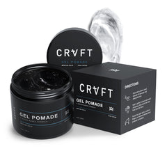 Hair Craft Co. CRVFT Gel Pomade: bouteille 4 oz prête pour un fini net.