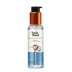 Hair Food Coconut Oil label shows dye-free, color-safe care benefits.