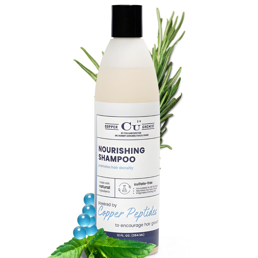 Hair Health Institute Copper Chimist Shampoo bouteille, croissance potentielle des cheveux.