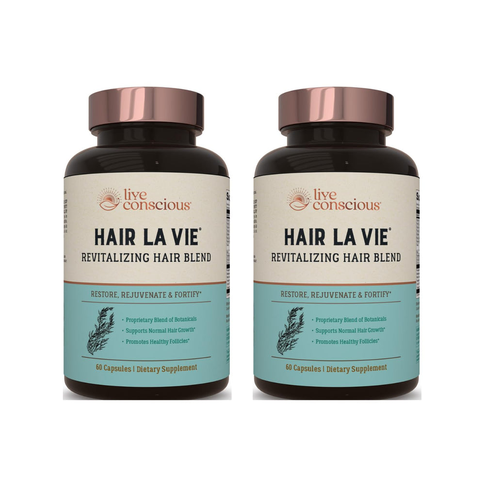 Hair La Vie Live Conscious: bouteille visible, soutien potentiel à la croissance des cheveux.