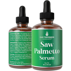 Hair Thickness Maximizer Saw Palmetto Serum bottle with rosemary oil for scalp nourishment.