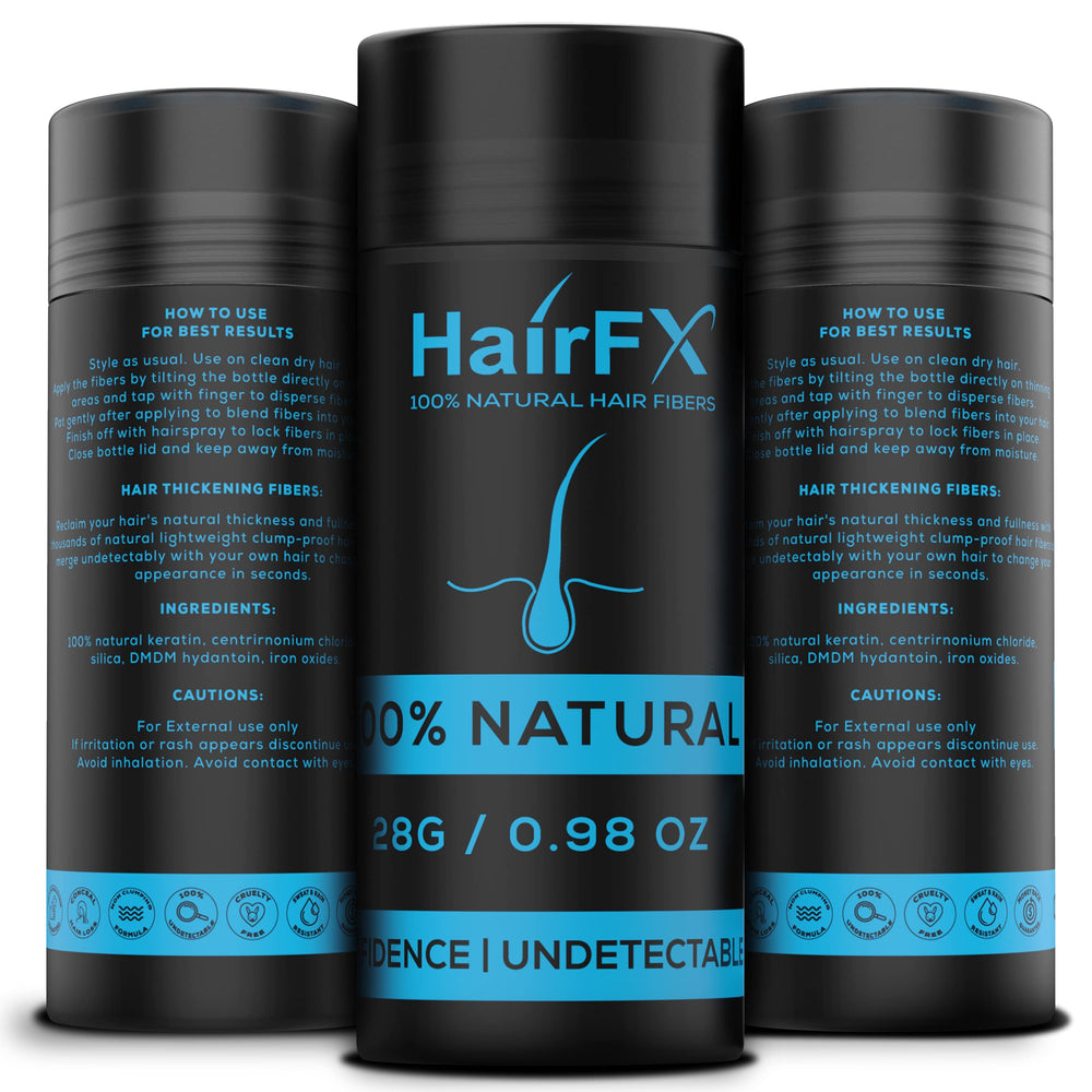 HairFX Fibres cheveux fins brun foncé – effet densité instantané sur les cheveux.