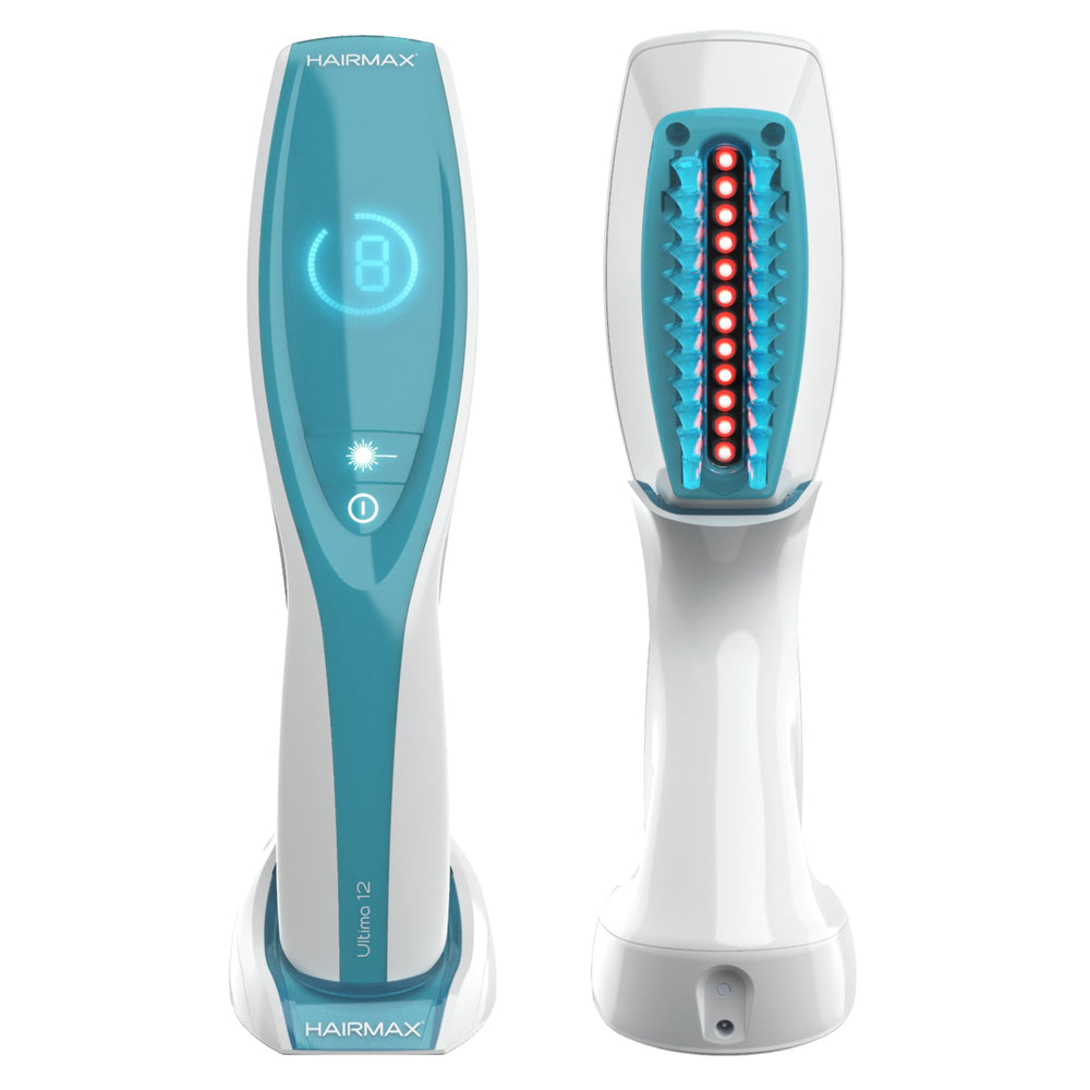 Hairmax Ultima 12 LaserComb utilisé à domicile pour stimuler les follicules et la densité capillaire