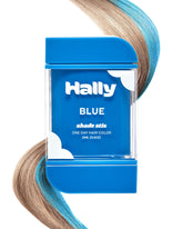 Shade Stix bleu de Hally Hair sur cheveux, couleur temporaire facile à appliquer et lavable.