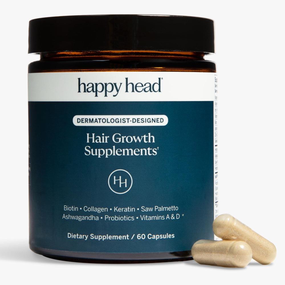 Happy Head – bouteille de capsules pour cheveux plus épais et sains.