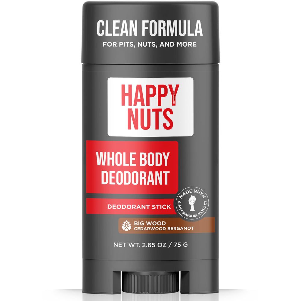 Happy Nuts présente la bouteille, design bois robuste, pour une routine parfumée durable.