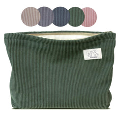 HappyHEIDI pochette velours côtelé bleu marine ouverte pour accès rapide en voyage.