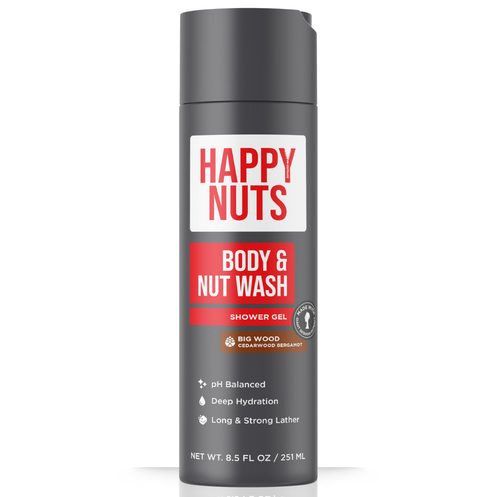 HAPPY NUTS Big Wood, bouteille douche pratique pour un soin quotidien efficace.