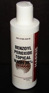 Harris Pharmaceuticals benzoyl peroxide 10% acne wash bottle showing clear formula for daily cleansing