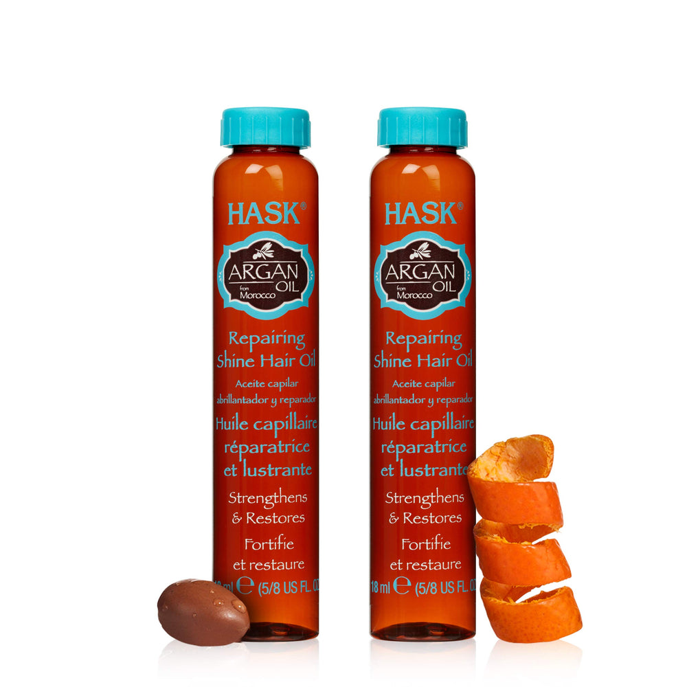HASK Argan Repairing Hair Oil — bouteille montrant le soin nourrissant et la brillance.