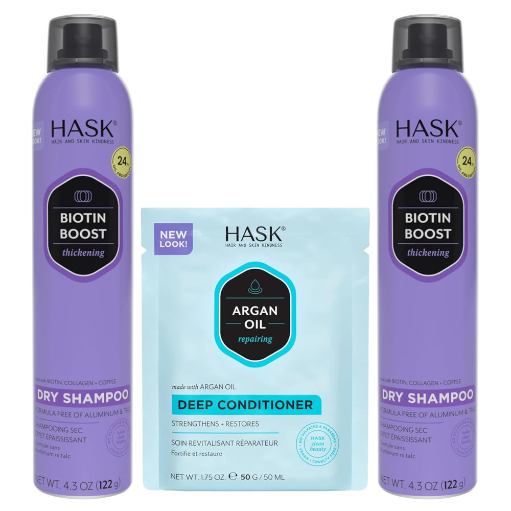 Shampooing sec HASK Biotin Boost – bouteille de 4,3 oz rafraîchit et donne du volume.