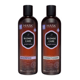 Shampooing HASK Blonde Care en bouteille, nettoyage doux pour cheveux blonds.