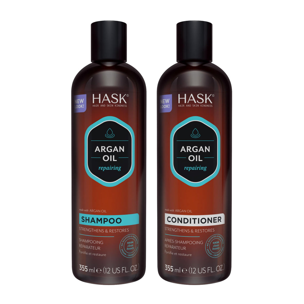 Shampoing réparateur HASK à l'huile d'argan dans une bouteille, nettoie en douceur et protège les cheveux